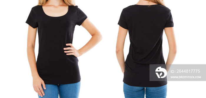 woman in black t-shirt set - front and back views isolated on white