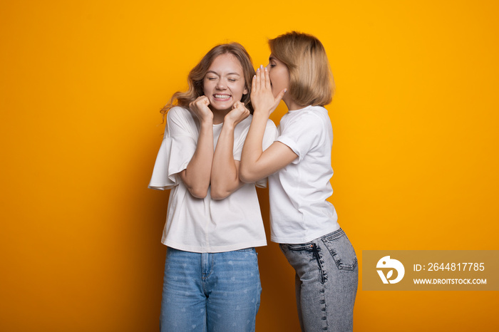 Blonde caucasian woman is whispering something to her friend posing in casual clothes on a yellow st