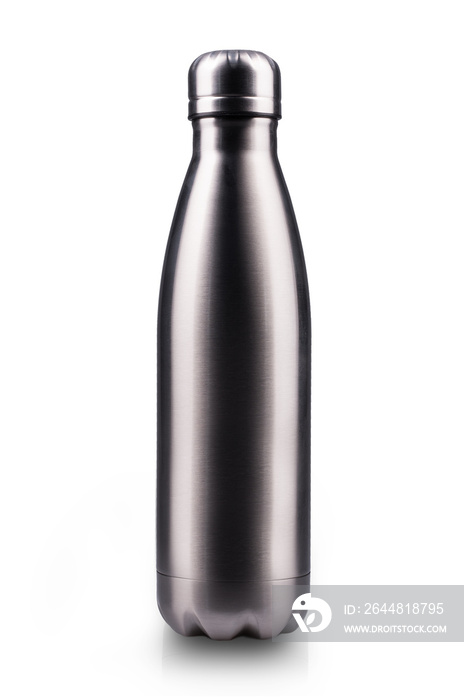 不锈钢保温水瓶，白色背景，银色。