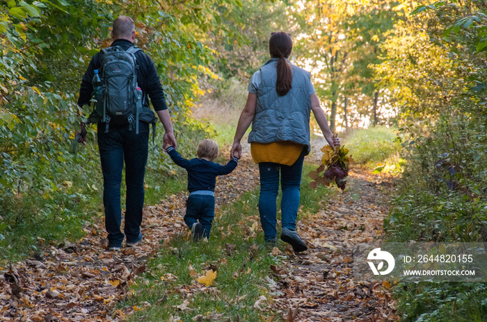 Jesienny rodzinny spacer z dzieckiem po ścieżce w lesie