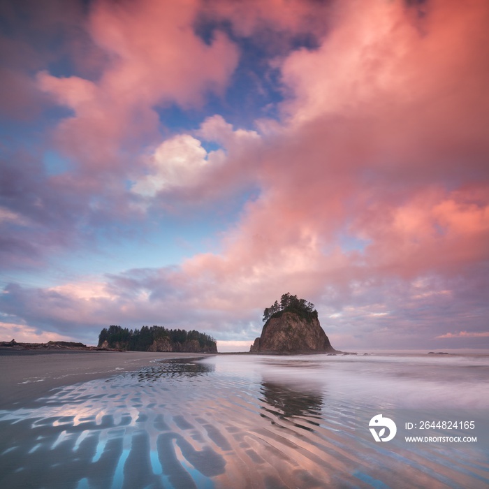 Coastline with sea stacks in sunset time with red and purple light. Rialto Beach in Olympic National