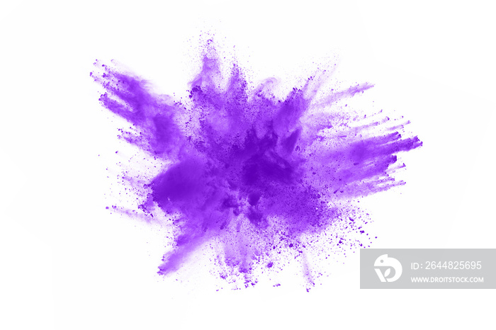 Powder explosion. Closeup of a purple dust particle explosion isolated on white. Abstract background