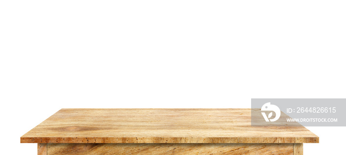 白色背景上隔离的木制桌面空的乡村木桌子，用于蒙太奇产品展示或