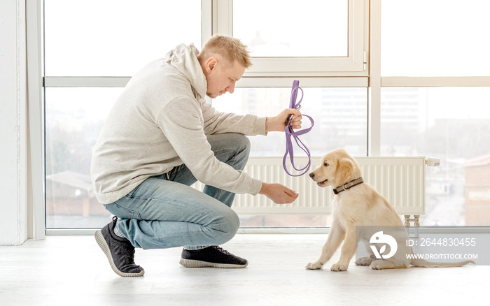 Man near retriever puppy