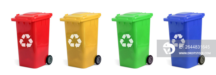 yellow, green, blue and red recycle bins with recycle symbol isolated on white background