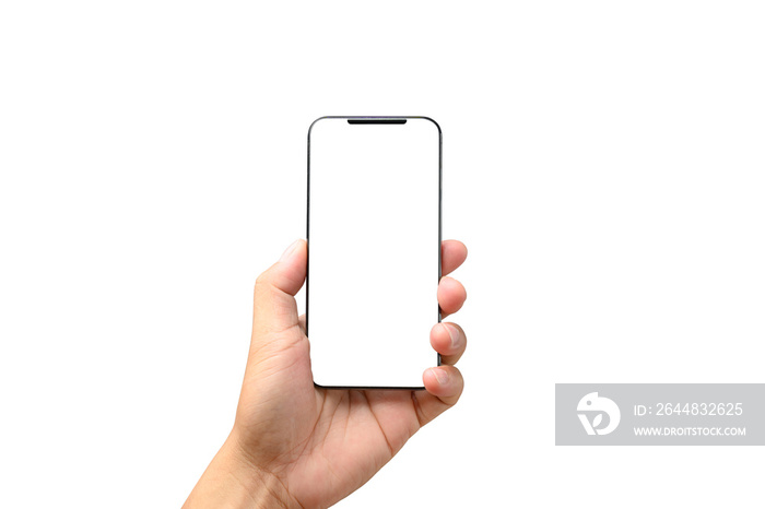 male hand holding phone isolated on white, mock-up smartphone blank screen with clipping path