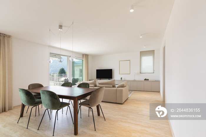 Modern living room with wood table, velvet chair and large sofa