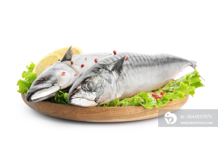 Wooden plate with tasty raw mackerel fish on white background