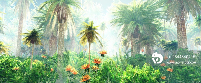 Blooming jungle in the fog, flowers among palm trees, palm trees in the fog