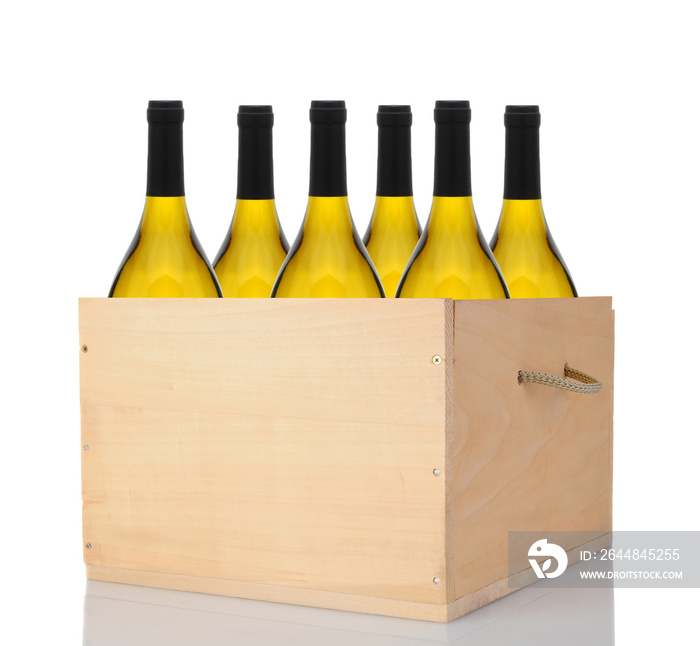 Six Chardonnay Wine Bottles in a Wood Crate over white