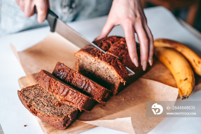 Freshly baked banana bread in the kitchen