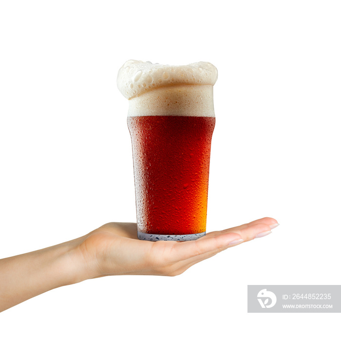 Woman hand holding mug of beer with foam on white background