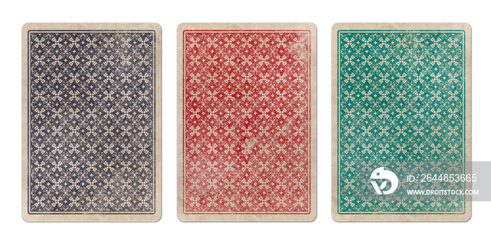 Back of playing cards on aged vintage style background, isolated on white