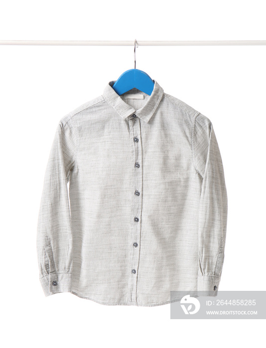 Rack with stylish shirt on white background