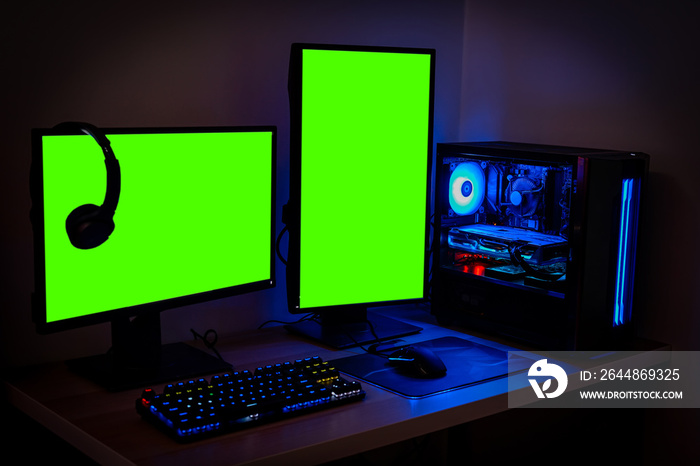 High-end PC Game Rig with dual Mock Up Green Screen or chroma key Monitor Stands. Modern Design is L