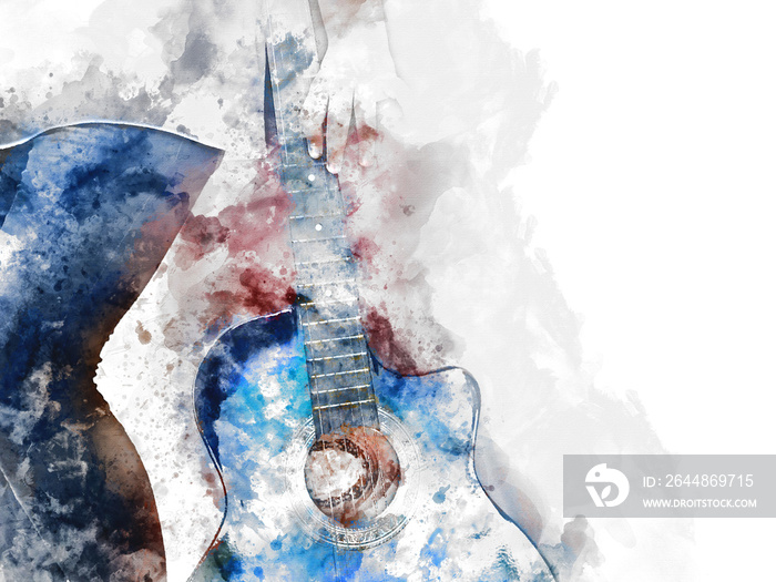 Abstract beautiful playing acoustic Guitar in the foreground on Watercolor painting background and D