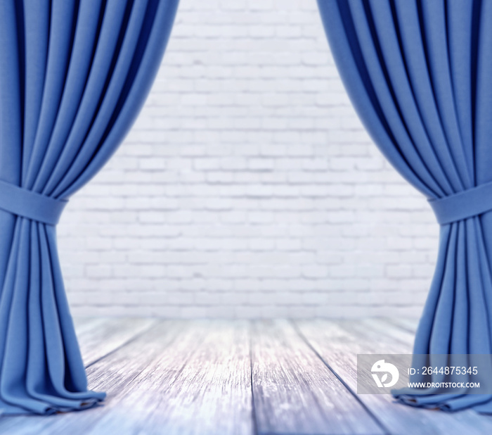 Empty stage with white brick wall and blue curtains with focus on white wood plank floor 3D Renderin