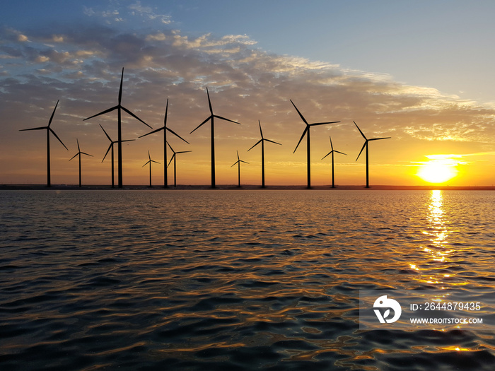 Floating wind farm at dusk