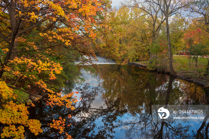 秋天，红雪松河蜿蜒穿过密歇根州立大学校园