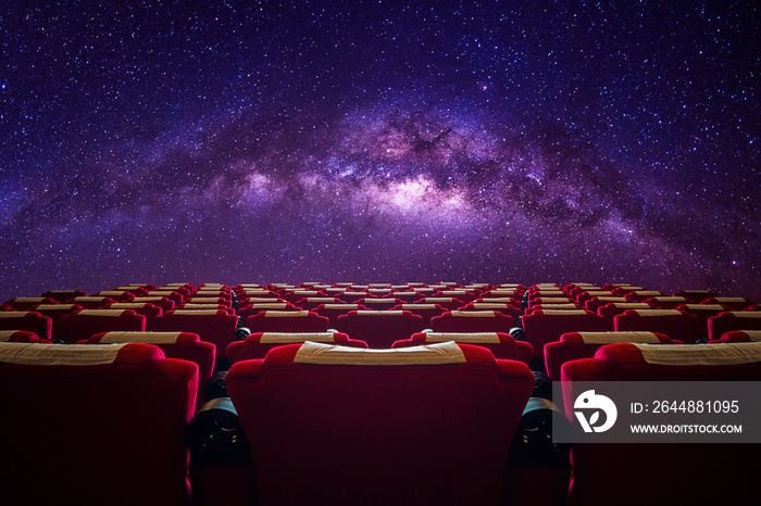 Cinema hall with red seat in Milky way galaxy.