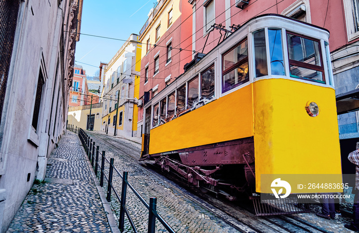 The Gloria Funicular in Lisbon, Portugal.