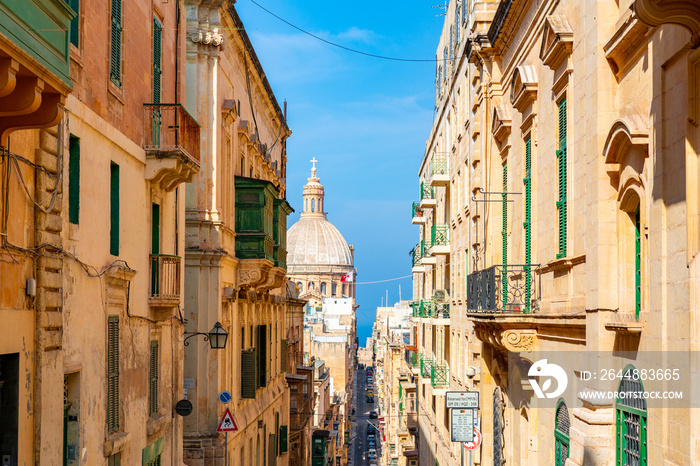 Beautiful narrow streets of Valletta old town on Malta.