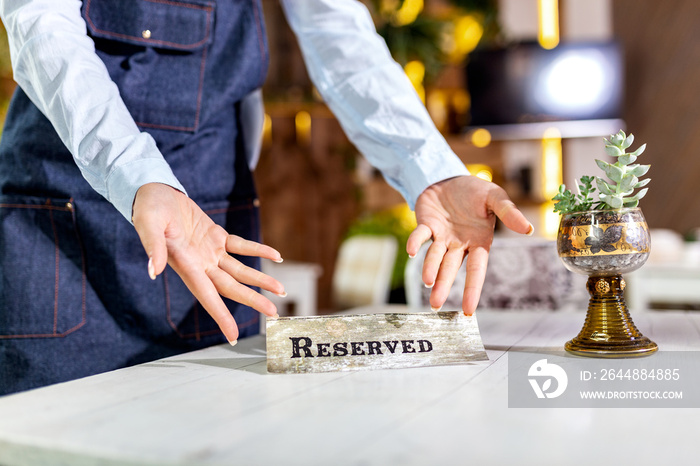 Elegant Restaurant Table Setting Service for Reception with Reserved Card. Restaurant reserved table