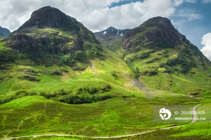 Spectacular view over Aonach Dubh and Gearr Aonach from Glencoe valley on a sunny summer day, Scotla