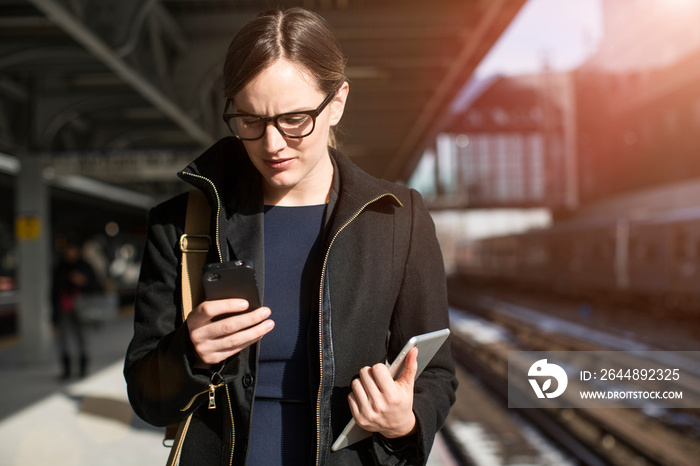 Woman with mobile phone on railroad station