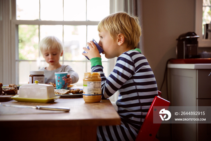 Two brothers (4-5, 6-7) having breakfast