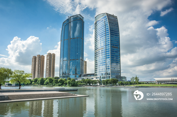 Modern business building by the small lake