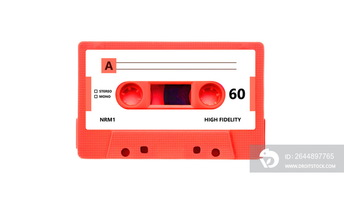 Cassette tape audio isolated on white background. Retro music and sound