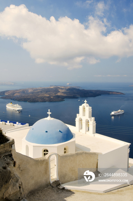 High angle view of church in Santorini by Aegean sea, Greece