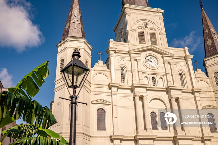 Focus on the world famous St. Louis Cathedral in Jackson Square, in the French Quarter, with an iconic street lamp in the foreground.