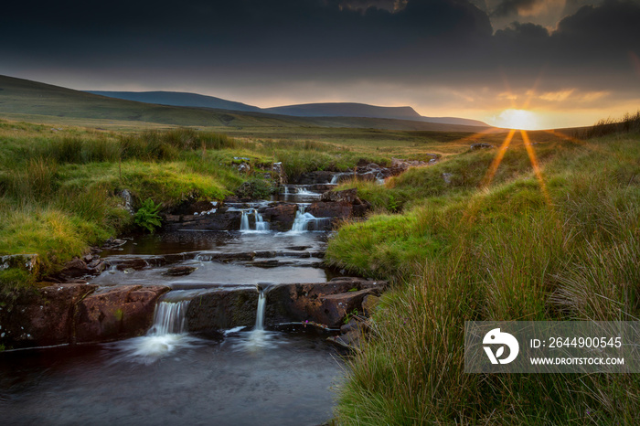 Sunset near the source of the river Tawe in the Brecon Beacons, South Wales, UK