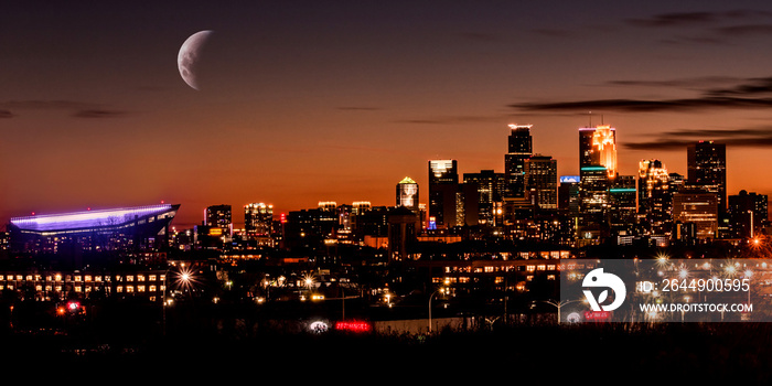 Minneapolis downtown skyline under moonlight