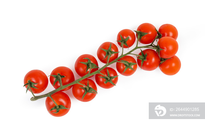 Top view of cluster of cherry tomatoes on white background