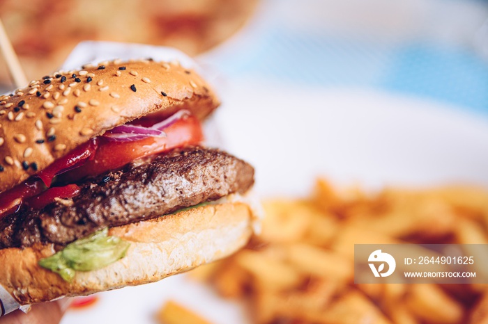 Homemade hamburger with fresh vegetables. Background french fries.