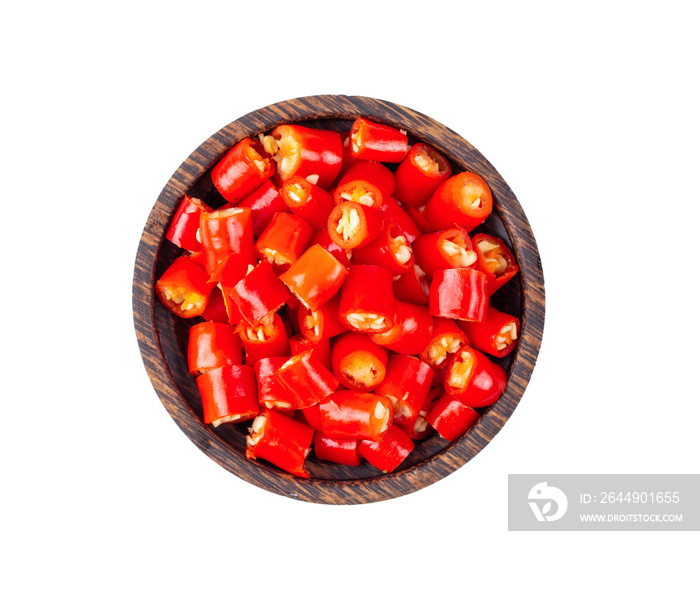 Slice red chili in wood bowl isolated on transparent png