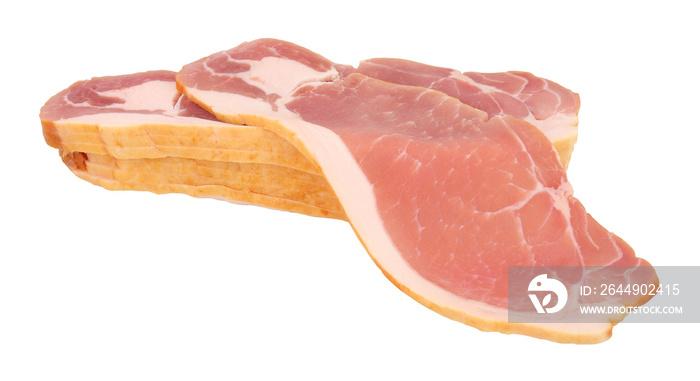 Raw smoked back bacon rashers isolated on a white background