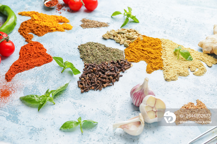 World map made of different spices on light background