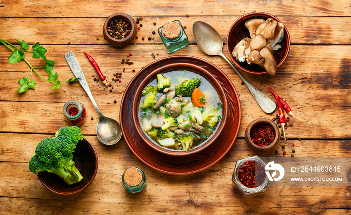 Soup with broccoli and mushrooms