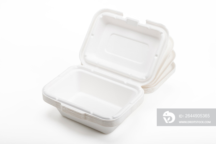 Bagasse food box on white background , Natural eco-friendly disposable utensil concept