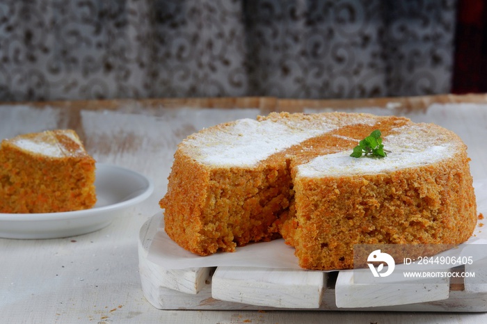 homemade carrot cake , on white background.