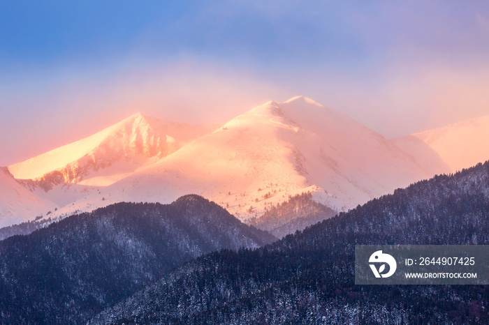 Bansko, Bulgaria travel winter landscape panorama of snow Pirin mountain peaks at sunrise