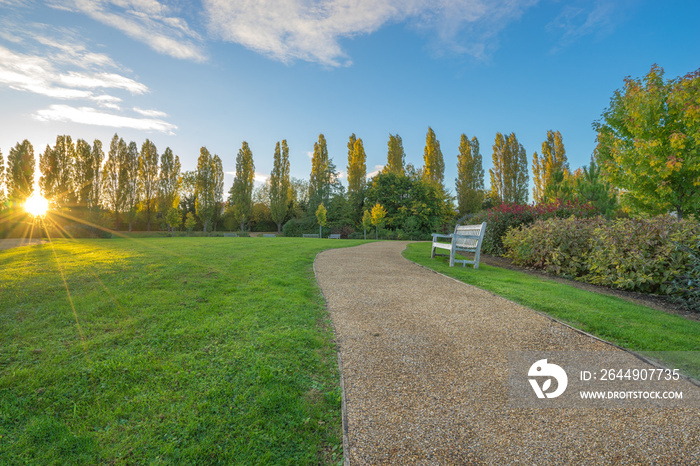 Bench near empty path at retirement village in Milton Keynes, England