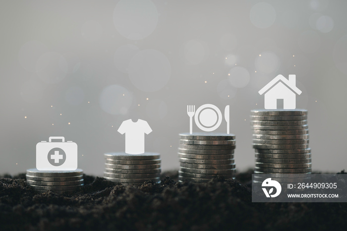 Step of coins stacks growing with food, Clothing, housing, medicine, four basic human needs icon, investment and retirement or education, Business Finance and Money concept.