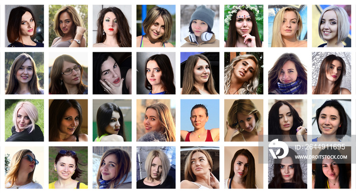 Collage group portraits of young caucasian girls for social media network. Set of square female avatar isolated on a white background