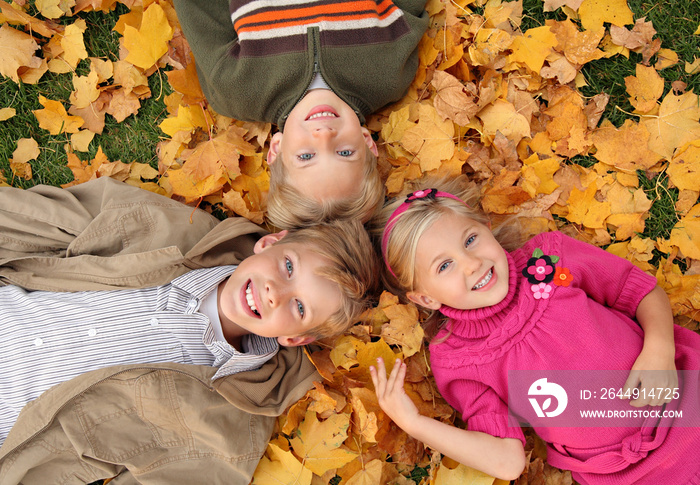 three cute Caucasian kids lying down together on fall leaves outdoors