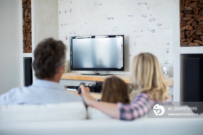 Family watching television in living room